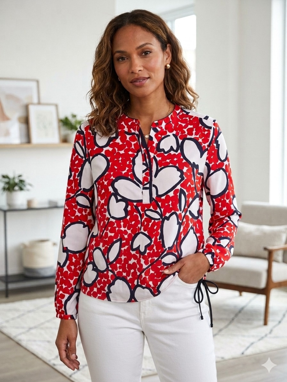 Liz Claiborne Red Floral Print Long-Sleeve Blouse With Drawstring